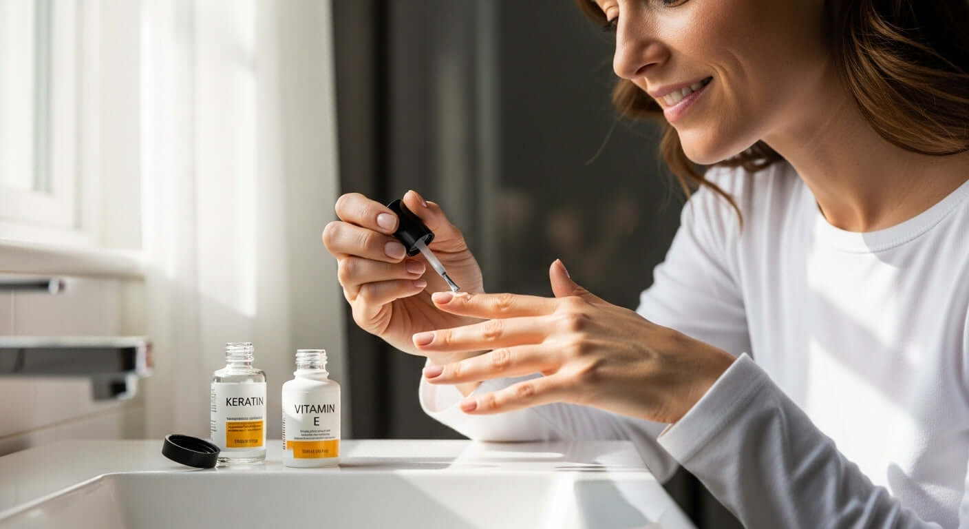Frau mit pflegenden Nagellack-Inhaltsstoffen wie Keratin und Vitamin E bei der Nagelpflege.