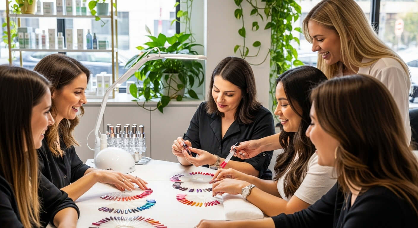 Unser Tipps: die besten Nagellackfarben für 2025 - Frauen wählen Nagellackfarben in einem eleganten Salon.