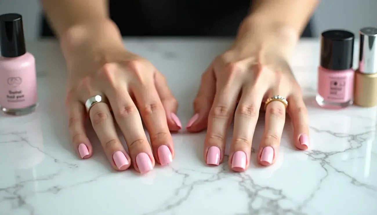 Shellac Nägel oder UV-Gel? Was Profis wirklich empfehlen. Close-up of well-manicured pink nails with nail polish in the background.