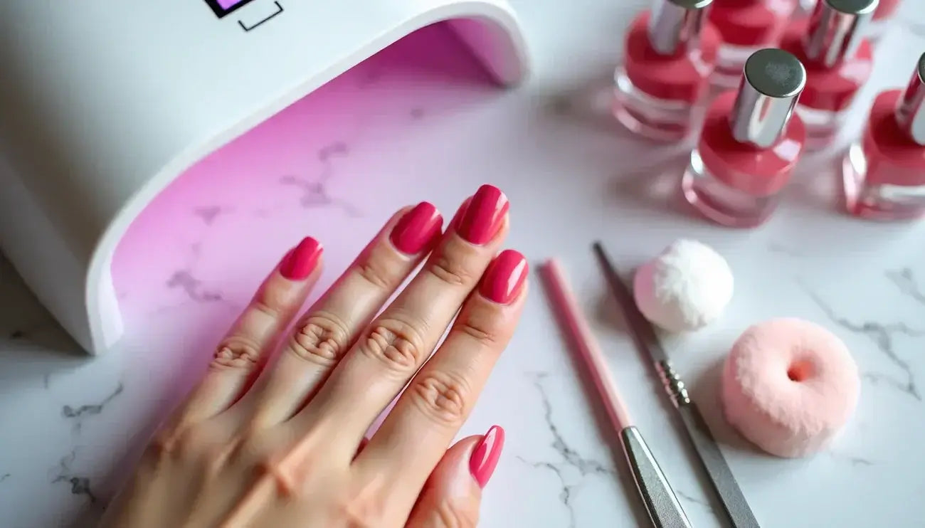 UV Gel Nagellack wie im Salon: Schritt-für-Schritt Guide mit pinken Nägeln und Nagellackflaschen bei einer UV Lampe.