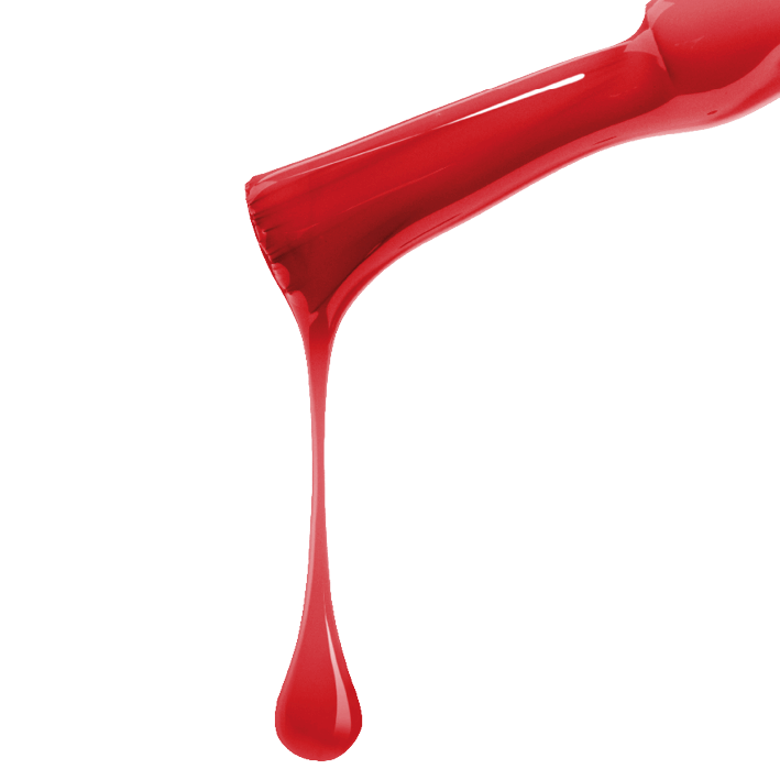 Spitz eines Nagellackfläschchens mit tropfendem Feuerrot, ideal für perfekten UV-Nagellack mit 3 Wochen Haltbarkeit.
