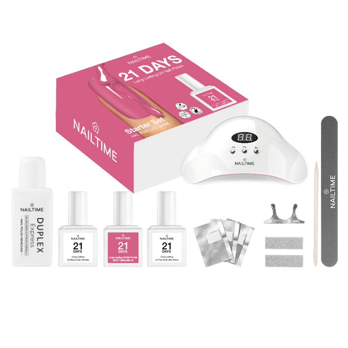 21DAYS Starter Set mit UV-Farblack für perfekte Nägel, inkl. 5-Finger UV/LED Gerät, vegan und tierversuchsfrei.
