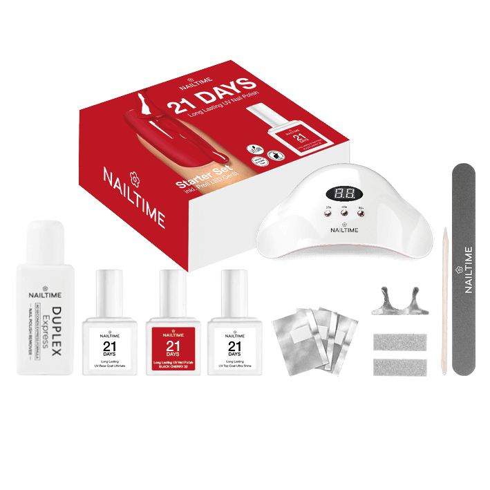 21DAYS Starter Set mit UV/LED Gerät für perfekte Nägel, vegan, ohne HEMA & HQME, 3 Wochen Haltbarkeit.