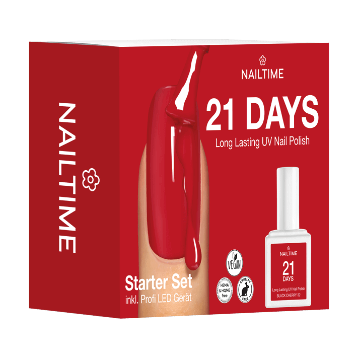 21DAYS Starter Set mit UV Nagellack für perfekte Nägel, vegane und tierversuchsfreie Formel, 3 Wochen Haltbarkeit.