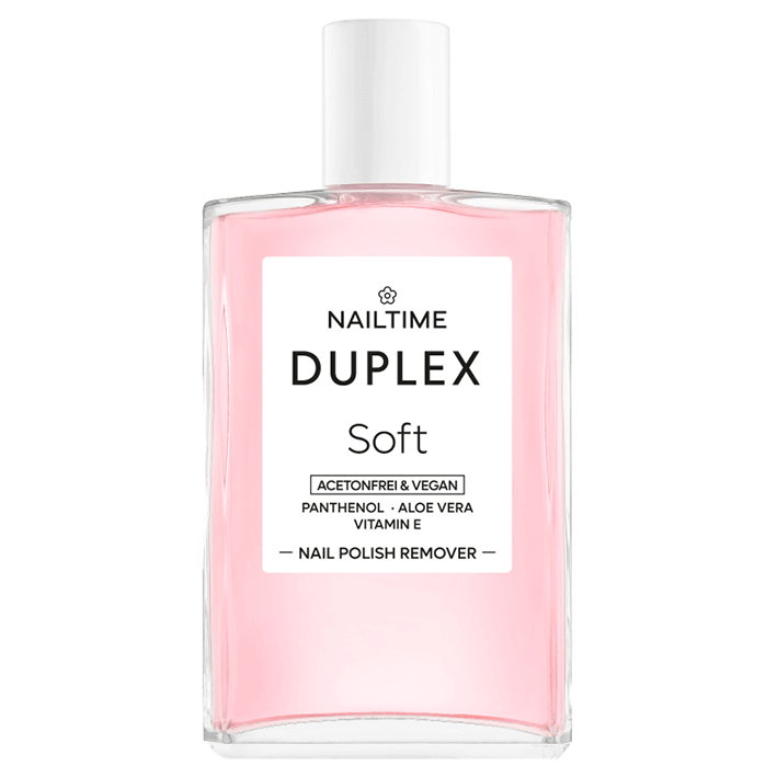 DUPLEX Soft Nail Polish Remover 100ml, acetonfrei, mit Aloe Vera, Panthenol und Vitamin E, vegan und pflanzenbasiert.