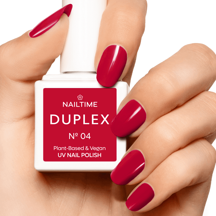 DUPLEX NAIL POLISH No.04 Mon Cherie, plant-based vegan UV nail polish, vibrant cherry red, dries in 90 seconds.