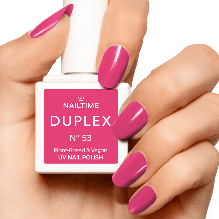 DUPLEX Nail Polish No.53 in vibrant pink-red, showcasing plant-based, vegan formula with long-lasting wear.