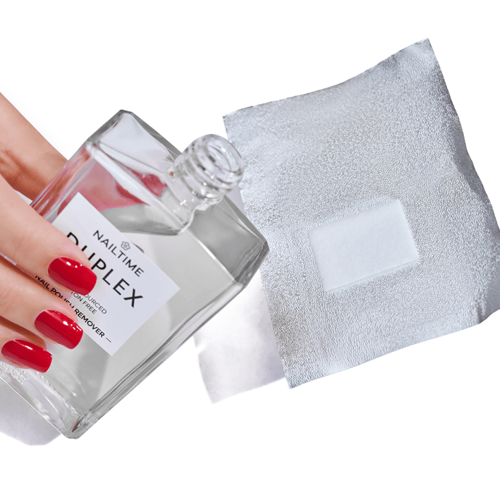 DUPLEX Express Nail Polish Remover bottle with cotton pad for quick UV nail polish removal.