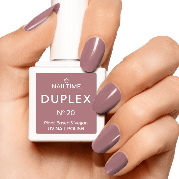 DUPLEX No.20 UV Nail Polish in warm gray-brown with red undertone on manicured hands, showcasing plant-based and vegan formula.