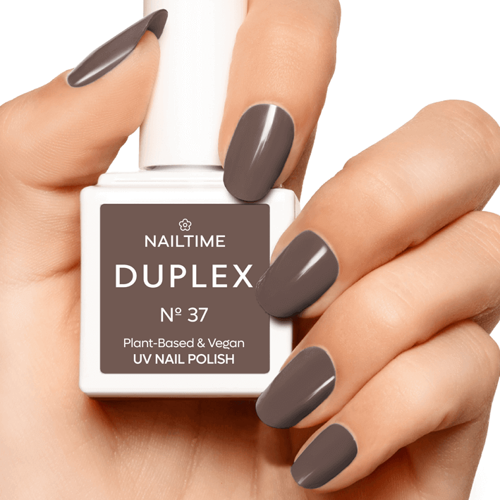 DUPLEX Nail Polish No.37 in dark brown with purple undertone, plant-based and vegan formula for long-lasting wear.
