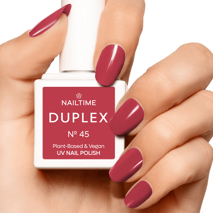 DUPLEX N° 45 Mystique - Vegan UV nail polish in a subtle berry-red shade with rose undertones.