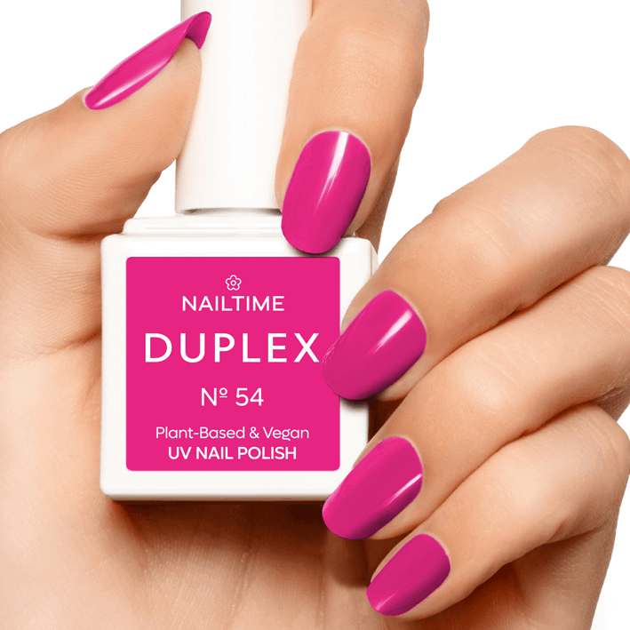 DUPLEX NAIL POLISH No.54 - Hippie Chic, a vibrant dark pink, plant-based and vegan UV nail polish drying in 90 seconds.