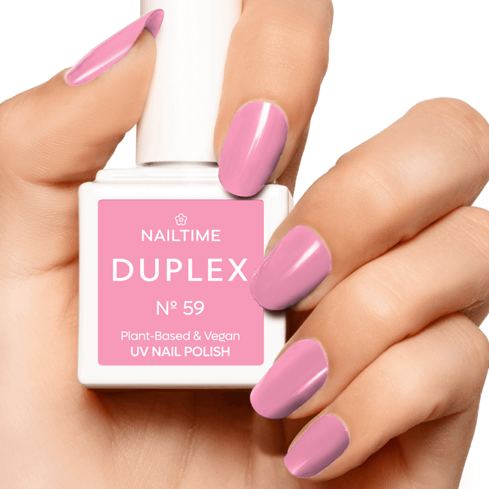 DUPLEX NAIL POLISH No.59 in Flamingo Pink, vegan and plant-based, dries in 90 seconds, lasts up to 3x longer.