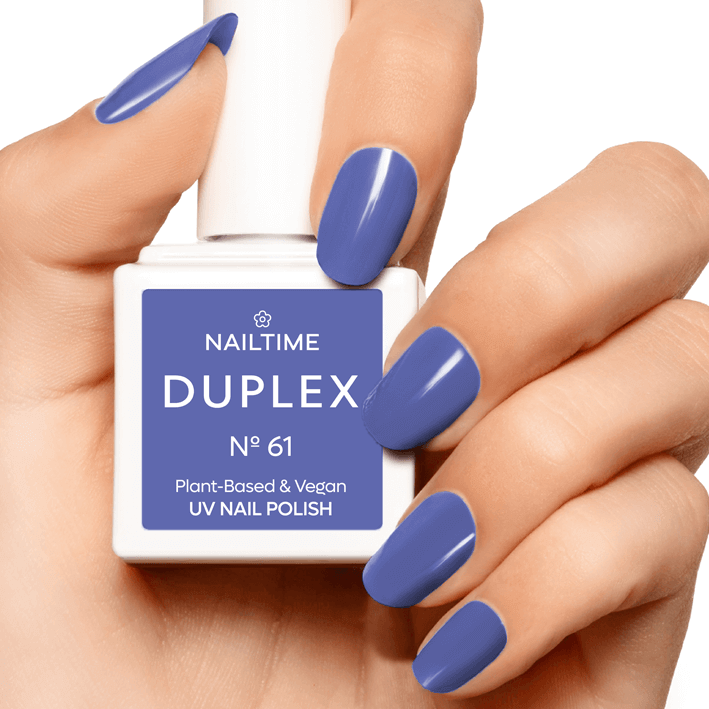 DUPLEX No.61 Kimono UV bio nail polish in rich lilac with blue-gray undertones, vegan and plant-based, drying in 60 seconds.