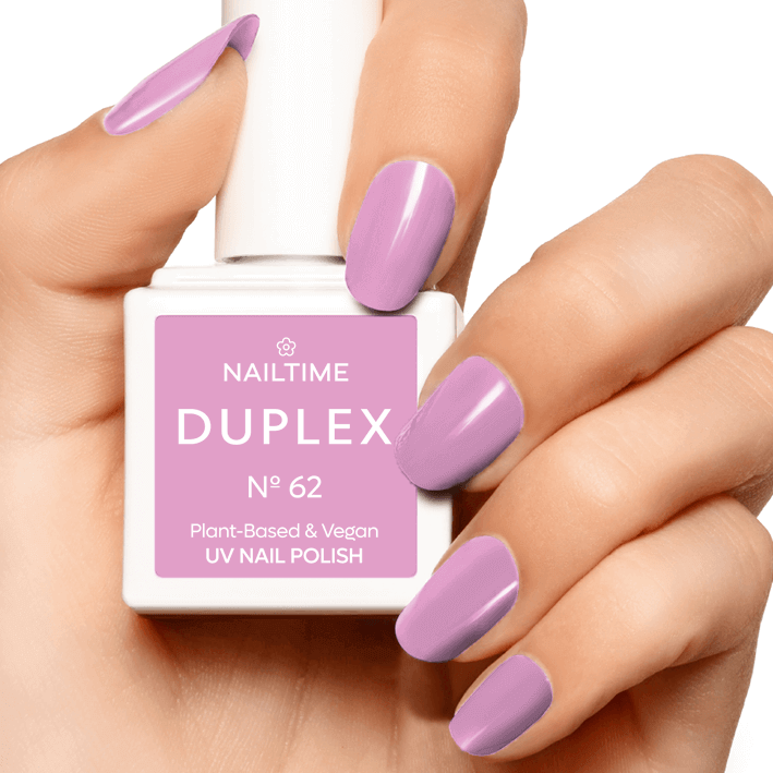 DUPLEX No.62 UV Nail Polish in vibrant baby pink, plant-based, vegan, drying in 60 seconds, long-lasting formula.