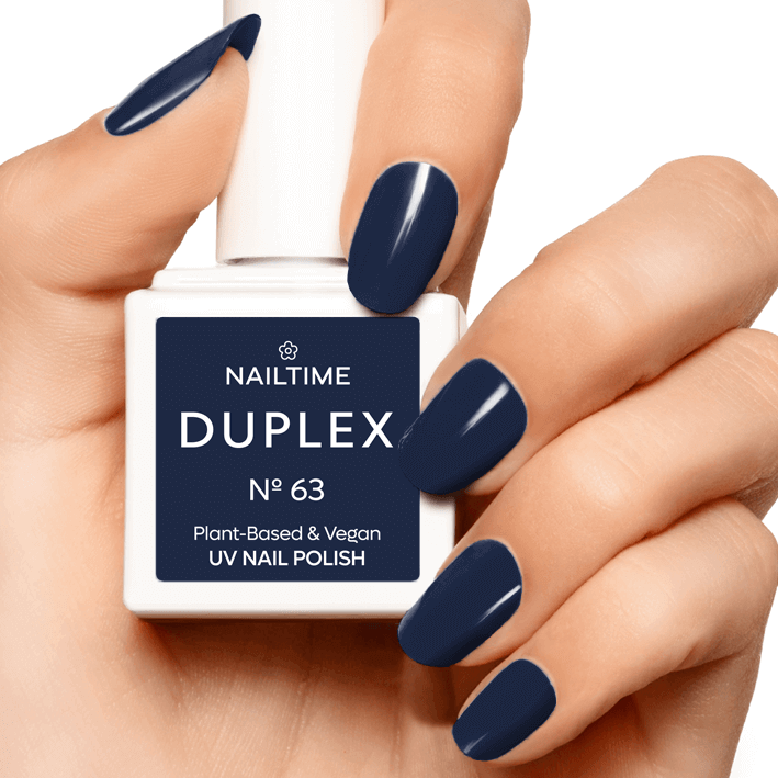 DUPLEX NAIL POLISH No.63 in blue jeans color, plant-based vegan formula, drying under LED in 90 seconds.