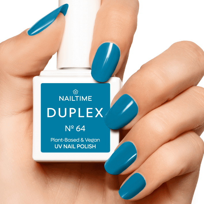 DUPLEX No. 64 mint candy UV nail polish in hand, plant-based, vegan, dries in 60 seconds, lasts 3x longer.