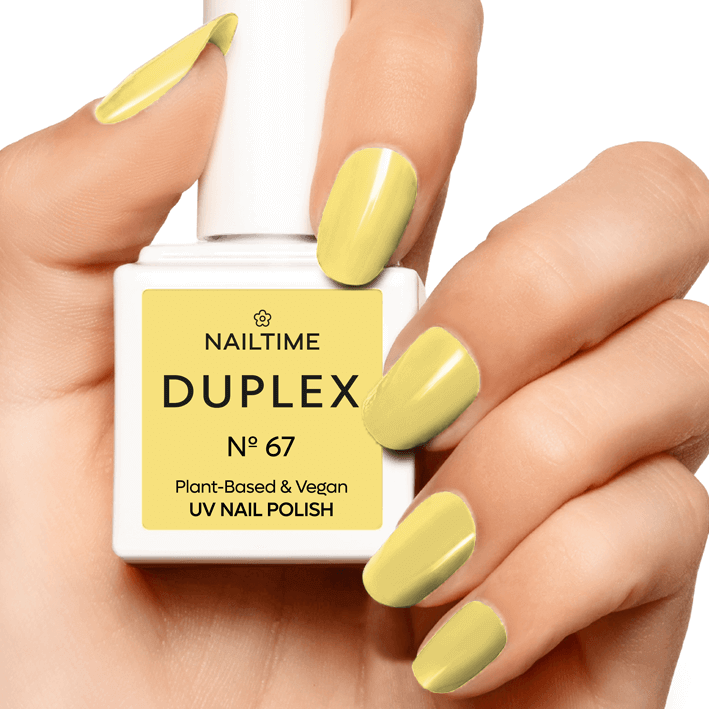 DUPLEX NAIL POLISH No.67 Zen Garden, bright pastel yellow, vegan plant-based formula, dries in 90 seconds.