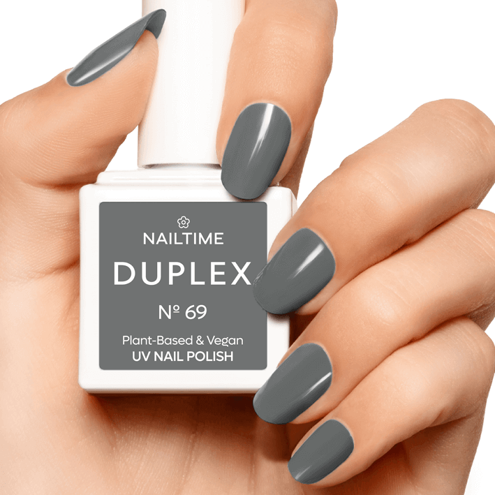 DUPLEX No.69 UV nail polish in dark gray with violet undertones, vegan, plant-based, and quick-drying.