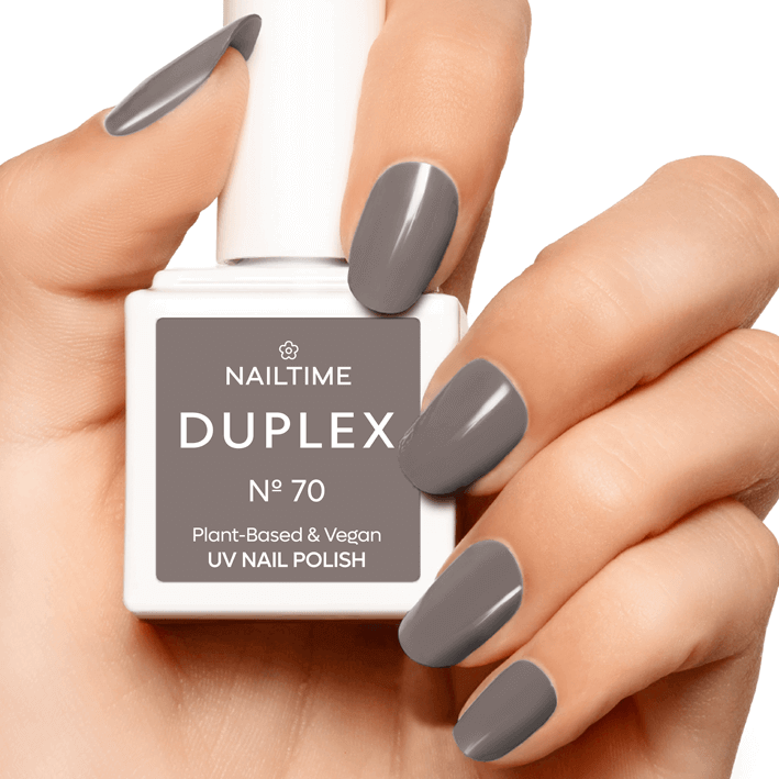 DUPLEX No. 70 Stone Washed UV Nail Polish, plant-based, vegan formula in elegant stone grey.