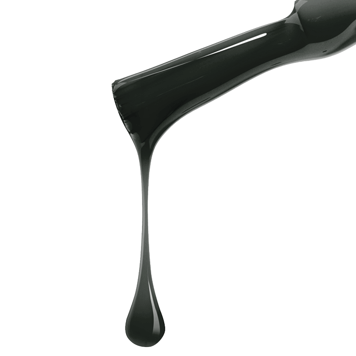 Dripping black DUPLEX UV plant-based nail polish No.71 Heavy Metal, showcasing its rich color and vegan formula.