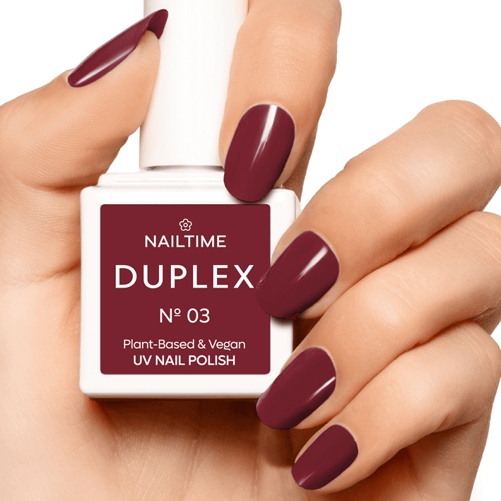 DUPLEX NAIL POLISH No.03 Queen of Heart: vegan, plant-based UV nail polish in deep wine red, dries in 90 seconds.