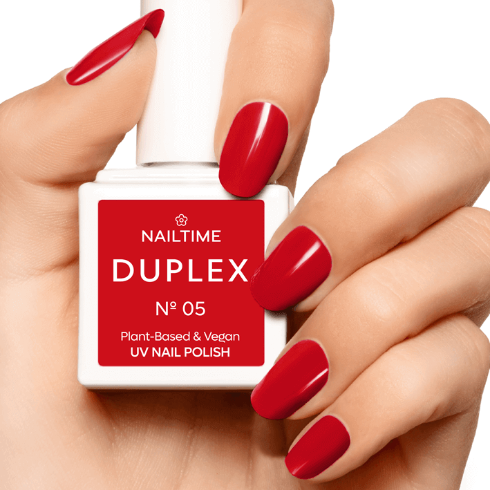 DUPLEX NAIL POLISH No.05 Be Happy, vegan UV nail polish, plant-based, dries in 90 seconds, bright orange-red.