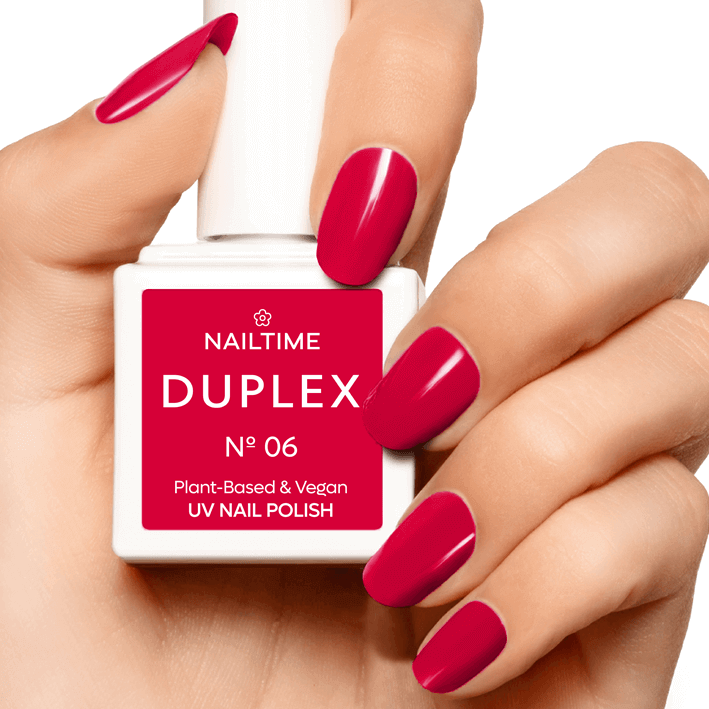 DUPLEX No.06 Go Diva UV nail polish in vibrant raspberry red, vegan and plant-based formula drying in 90 seconds.