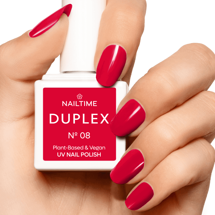 DUPLEX No.08 UV nail polish in dark cherry red, plant-based, vegan, dries in 90 seconds, long-lasting formula.