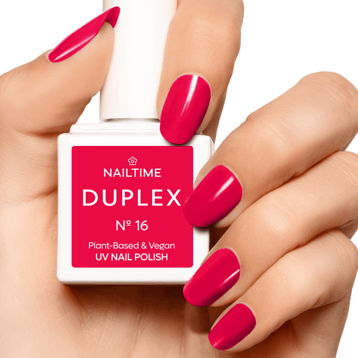 DUPLEX No.16 UV Nail Polish in Strawberry Red with Orange Hint, vegan and plant-based. Dries in 60 seconds.