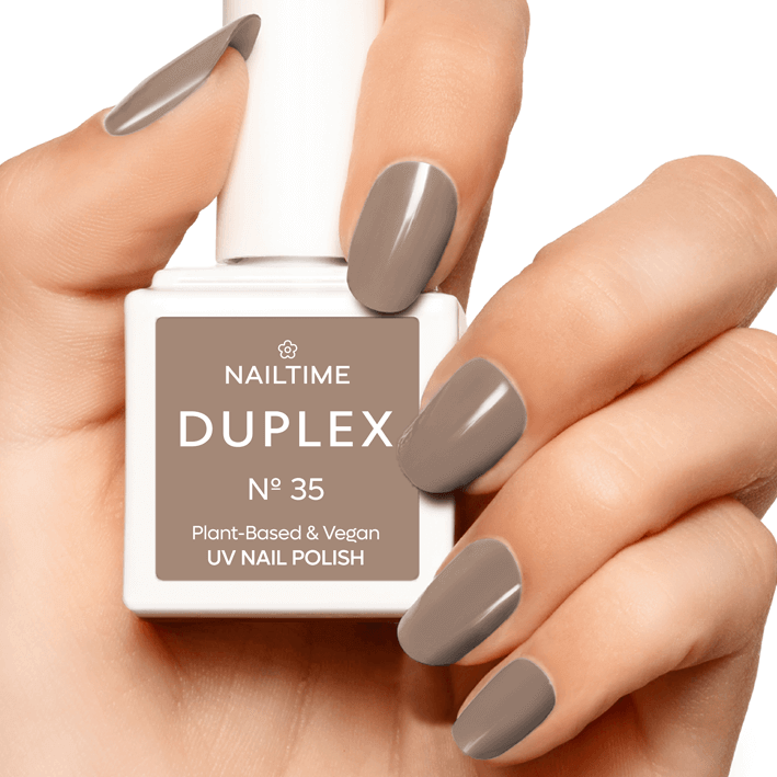 DUPLEX NAIL POLISH No.35 - Nude Passion, plant-based vegan nail polish with neutral brown-gray shade.