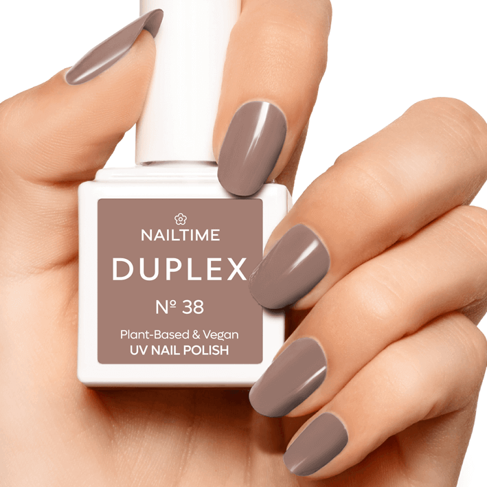 DUPLEX N°38 vegan UV nail polish in dark gray-brown shade displayed on manicured hand.