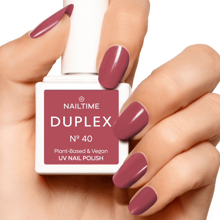 DUPLEX No.40 Inhale Exhale UV nail polish in classic brown-red shade, plant-based and vegan, dries in 90 seconds.