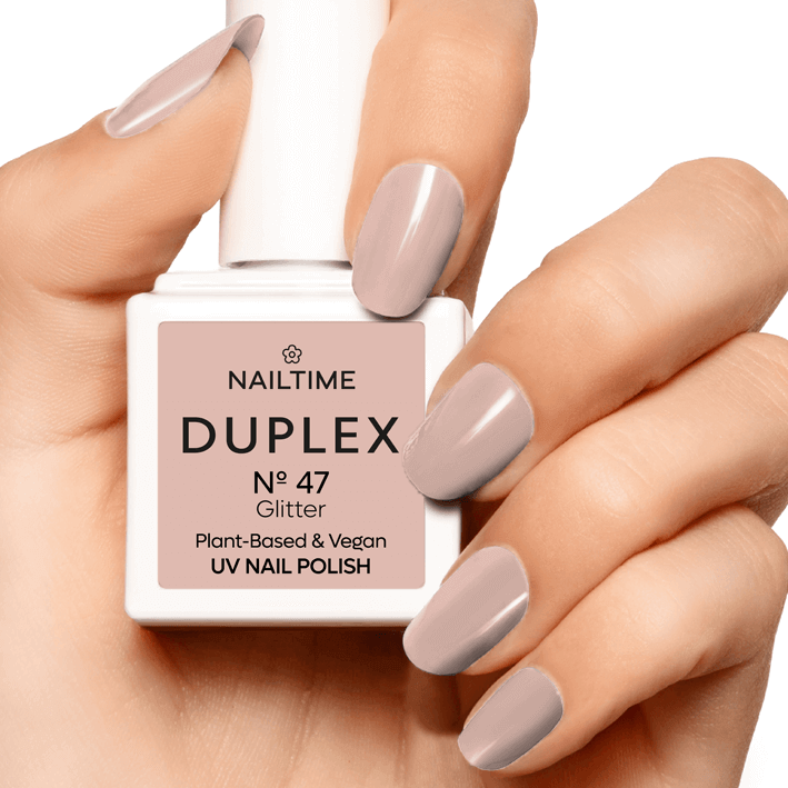 DUPLEX N°47 Royal Cashmere vegan UV nail polish, plant-based formula with glitter for long-lasting, chip-free wear.