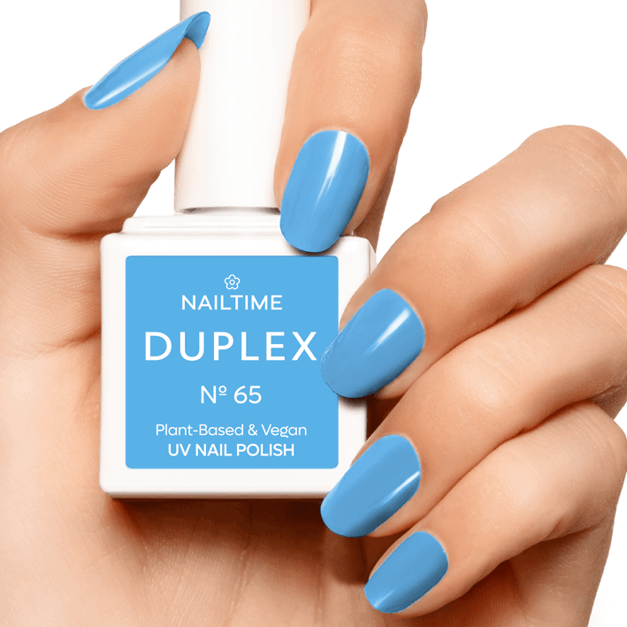 DUPLEX NAIL POLISH No.65 in bright pastel blue, vegan and plant-based UV nail polish drying in 60 seconds.