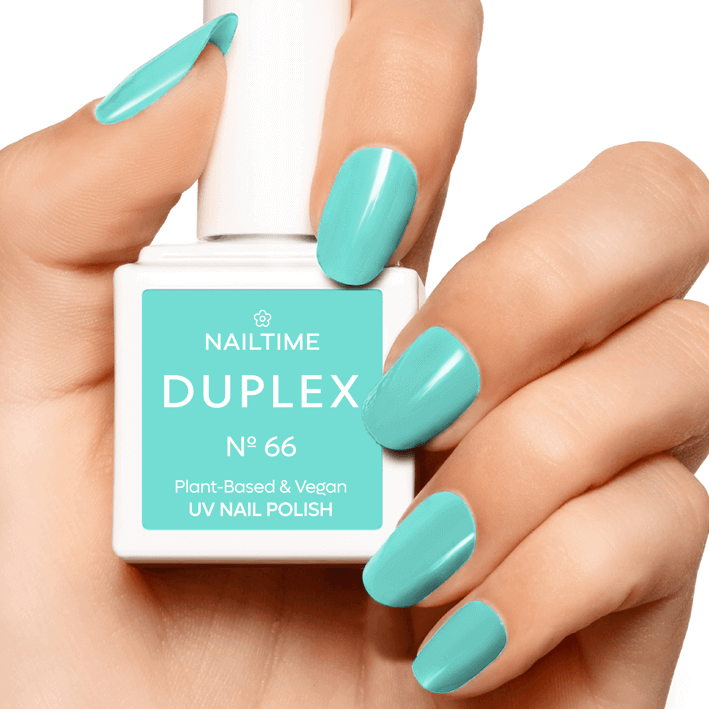 DUPLEX NAIL POLISH No.66 in Mint Green, plant-based, vegan UV nail polish, dries in 60 seconds, long-lasting formula.
