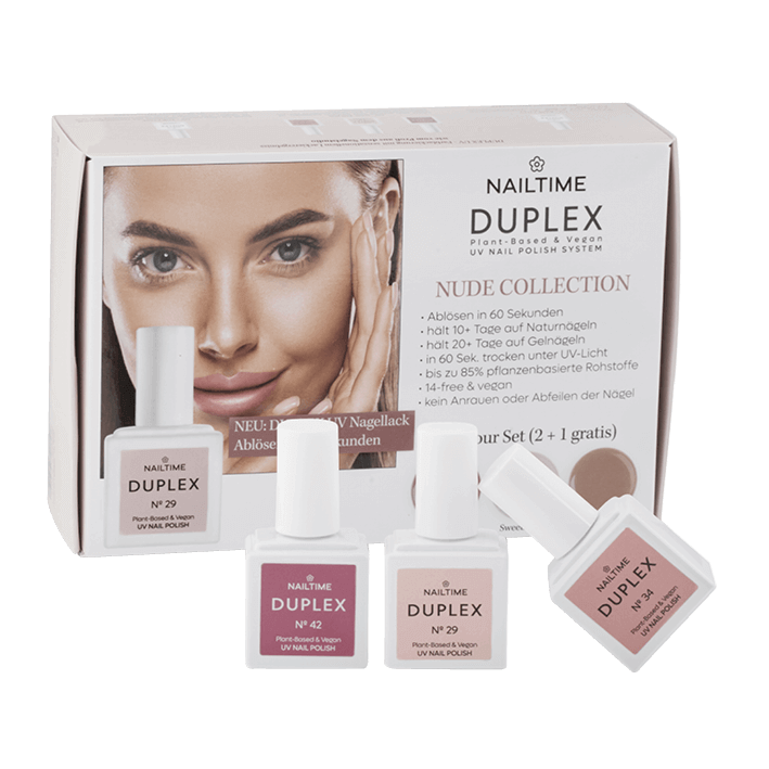 DUPLEX Nude Collection UV Nagellack Set mit pflanzenbasierten Inhaltsstoffen, vegan und halal, ideal fĂĽr natĂĽrlichen Nagellook.