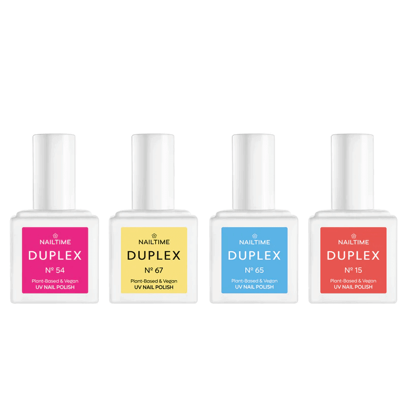 Four bottles of DUPLEX UV BIO nail polish in trendy summer colors: pink, yellow, blue, and coral.