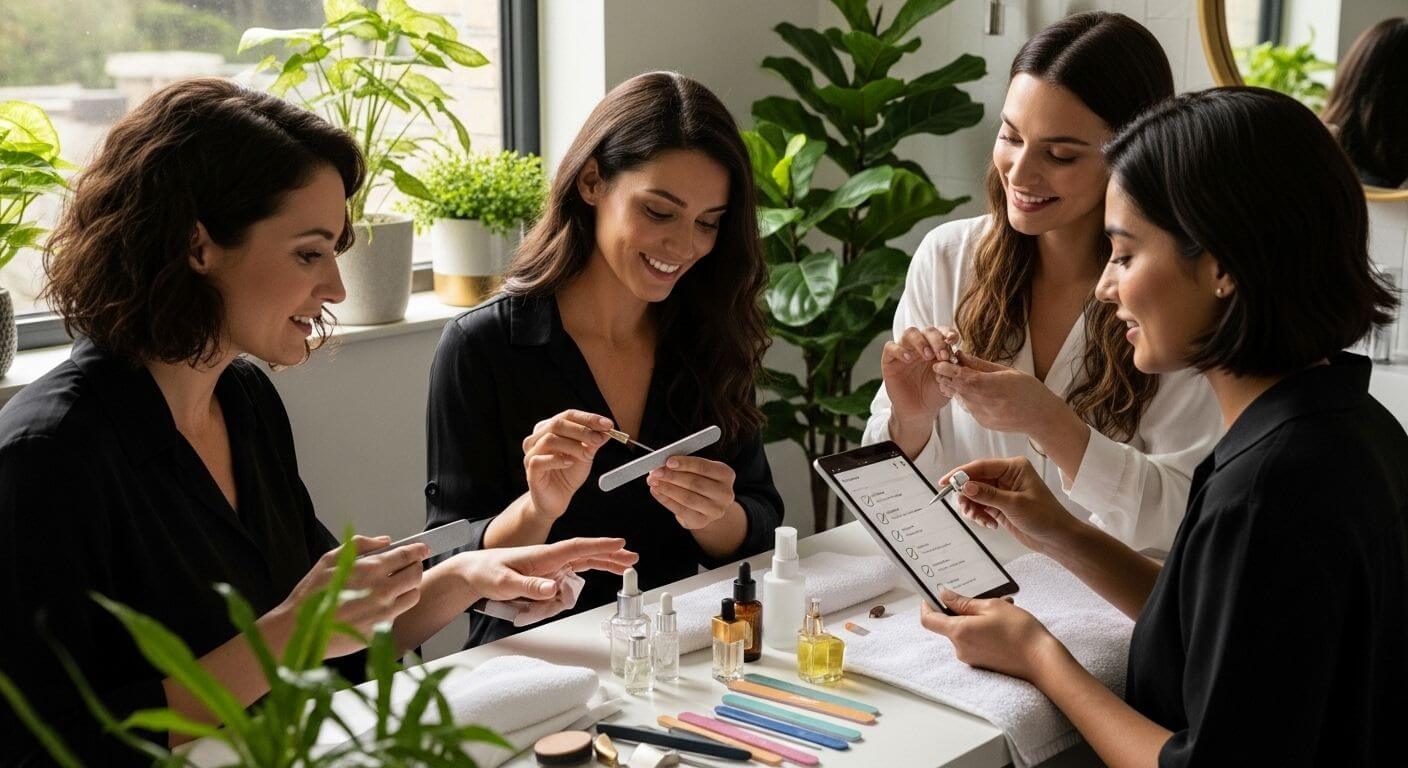 8 Schritte zur perfekten Nagelpflege Checkliste - Frauen bei der Nagelpflege mit Produkten von Nailtime.