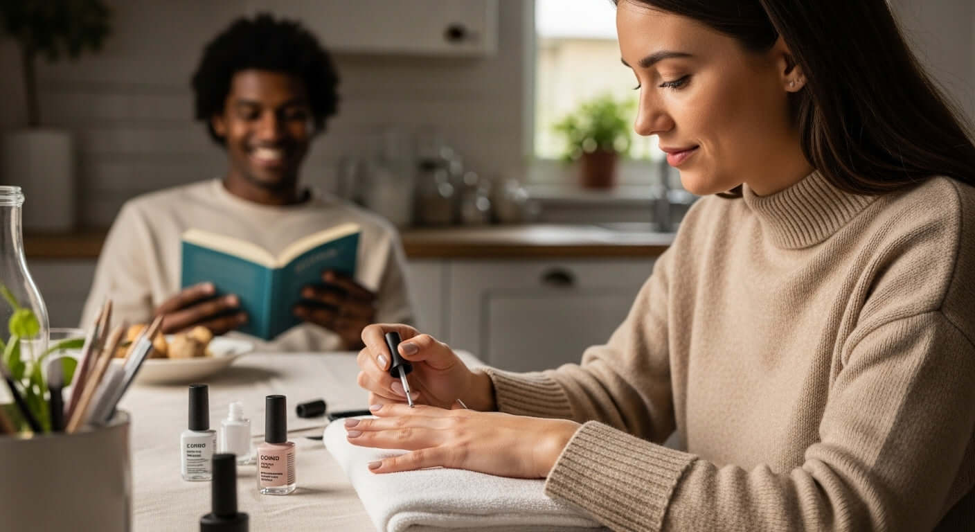 Eine Frau, die atmungsaktiven Nagellack aufträgt, während ein Mann im Hintergrund ein Buch liest.