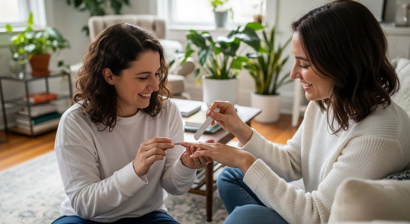 Vorteile von Nagelpflege: Warum gesunde Nägel wichtig sind - zwei Frauen pflegen Nägel in wohnlichem Umfeld