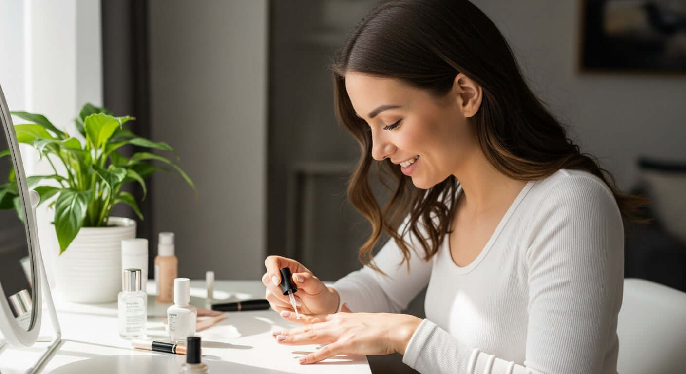 Warum Base Coat für Ihre Nägel wichtig ist - Frau lackiert ihre Nägel mit UV Nagellack am Tisch.