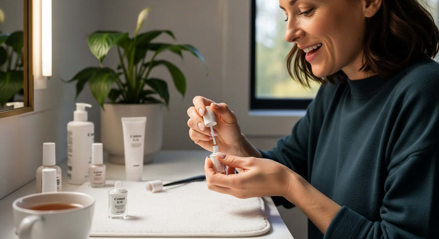 Frau, die atmungsaktiven Nagellack aufträgt, während sie in einem hellen Raum mit Pflanzen sitzt. Was ist atmungsaktiver Nagellack?