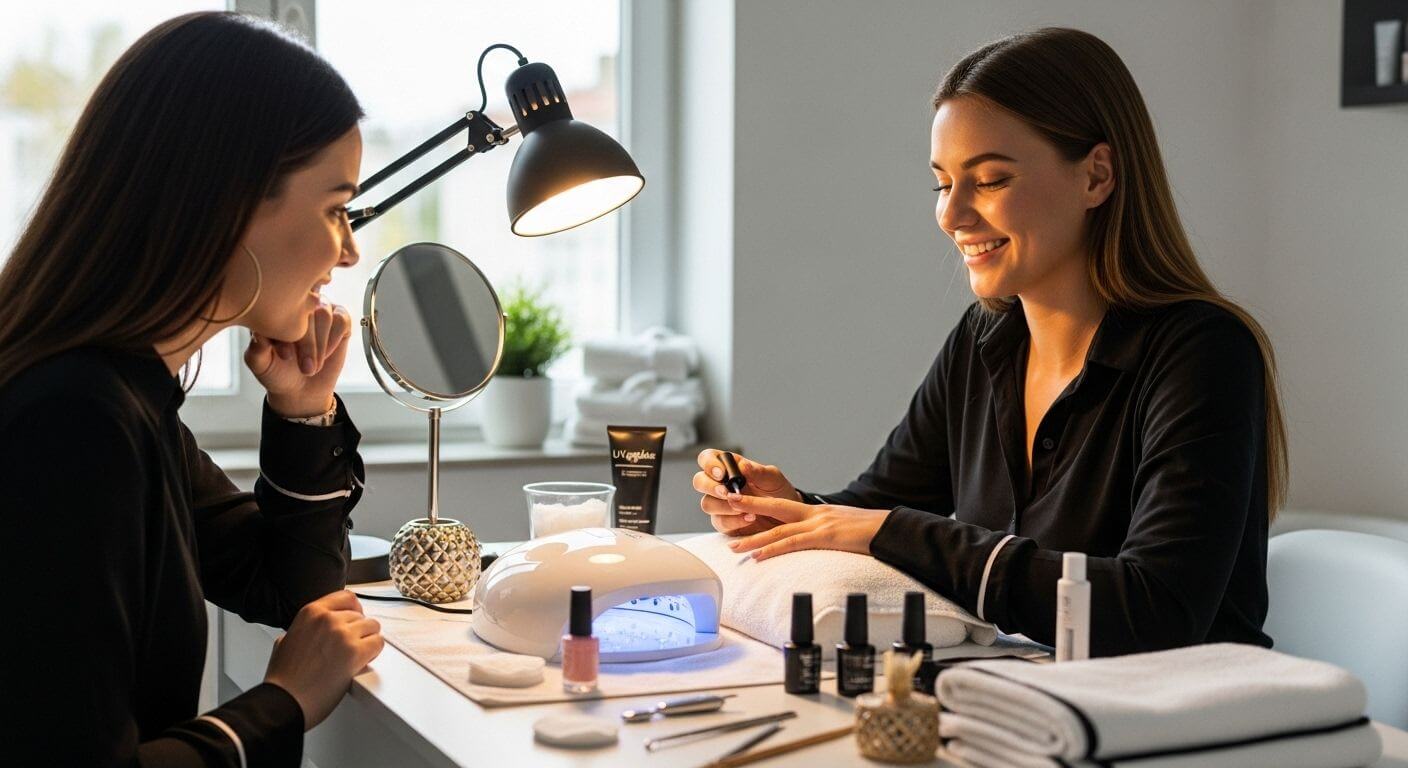 Zwei Frauen bei einer Maniküre mit UV-Nagellack, das Lichtgerät und verschiedene Nagellackflaschen sichtbar. Was ist UV-Nagellack? Verstehen und Erleben.