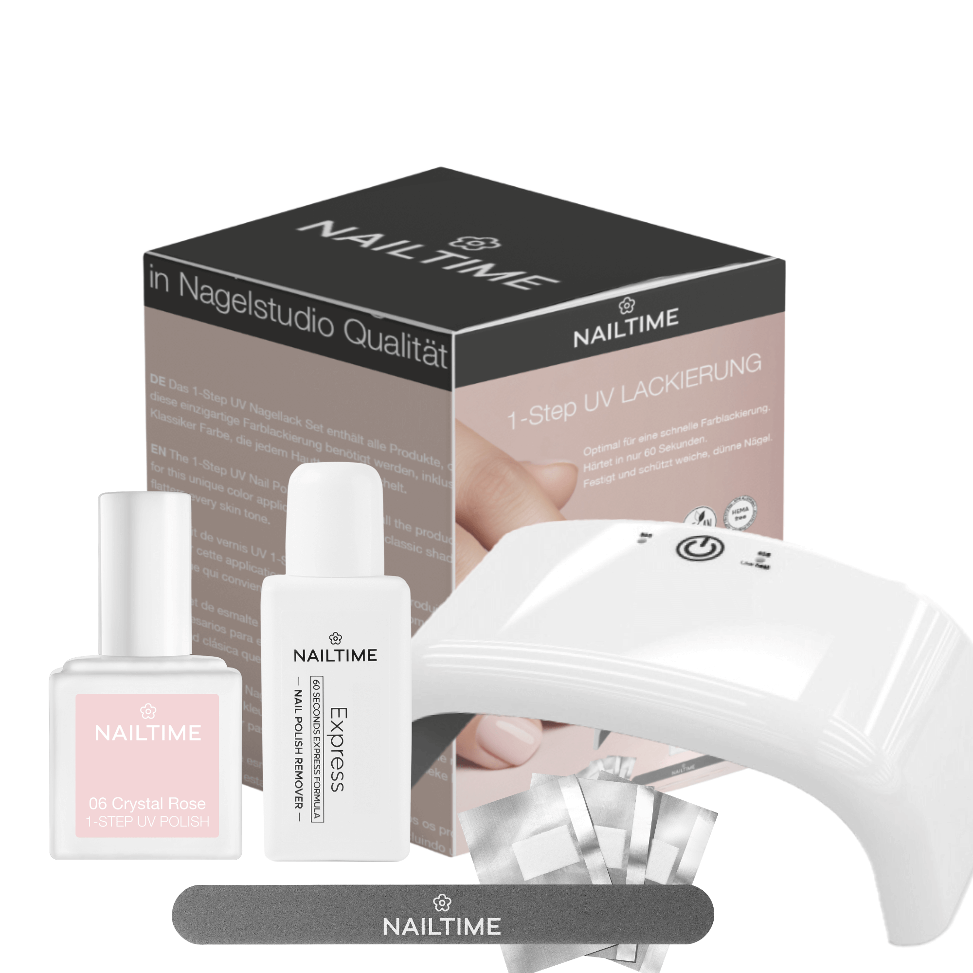 1-STEP UV POLISH Set No.06 Crystal Rose mit LED Lampe, Remover-Kit und Nagellack für perfekte Maniküre.
