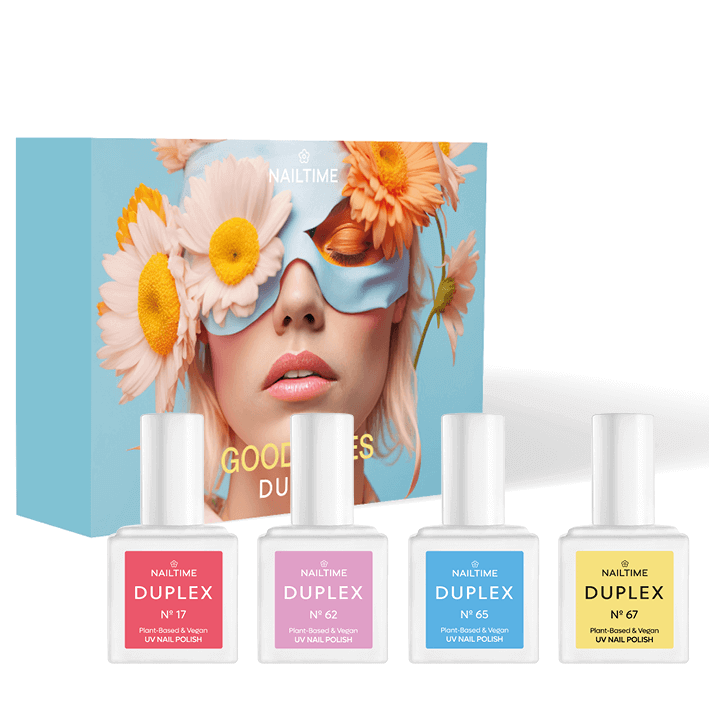 DUPLEX Good Vibes Collection with four vibrant UV bio nail polishes in eco-friendly packaging.