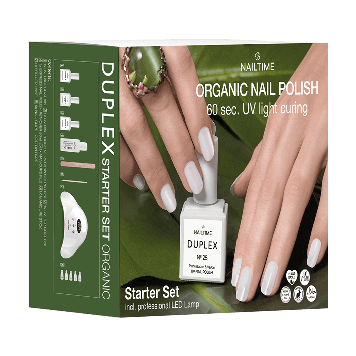 DUPLEX STARTER SET DELUXE with UV light curing, showcasing eco-friendly nail polish and LED lamp for DIY manicures.