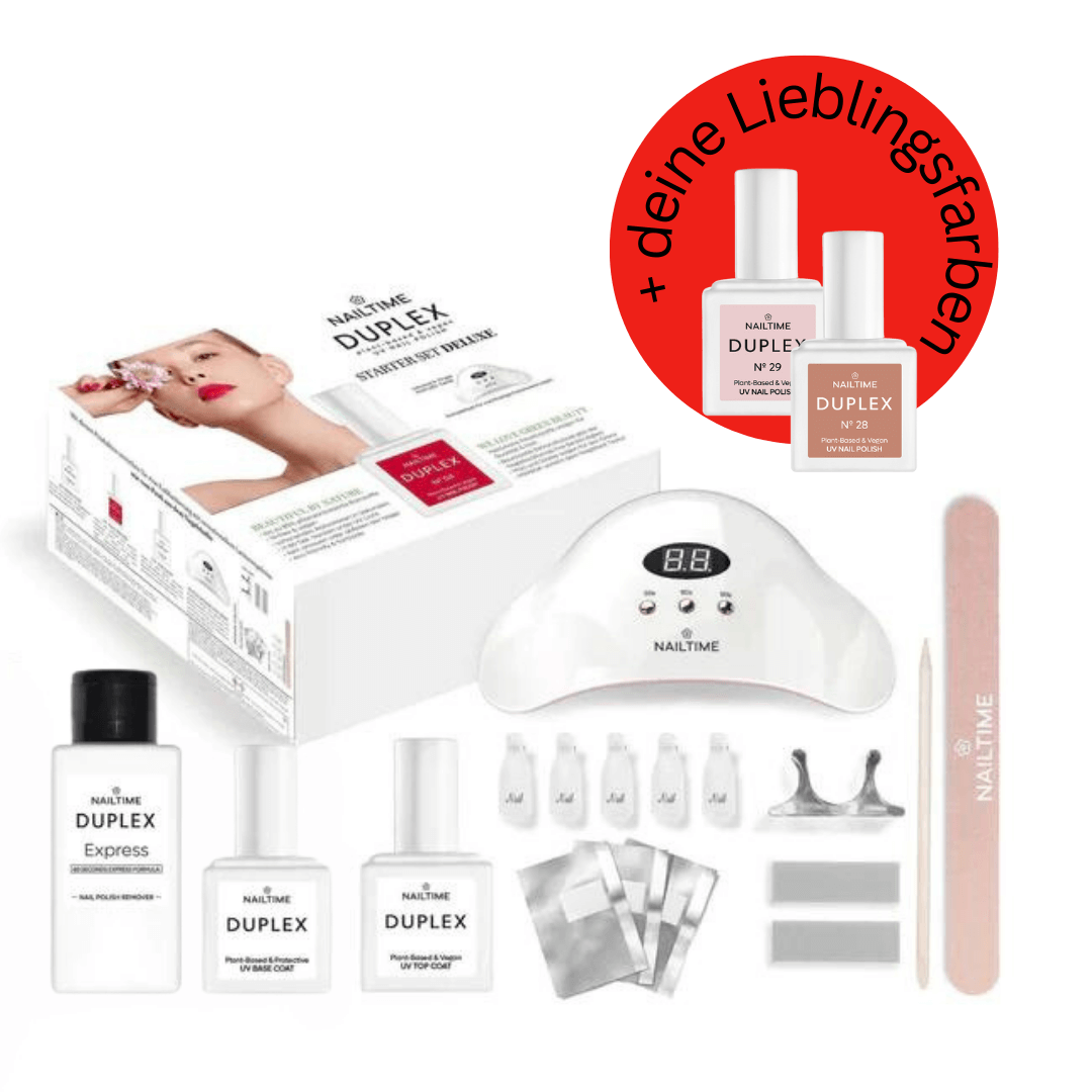 DUPLEX Starter Set with UV BIO Nagellack, includes a lamp, express solution, and various accessories.