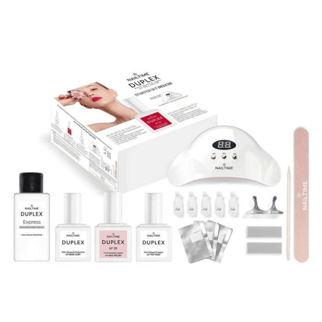 DUPLEX Starter Set NUDE with UV/LED lamp and bottles of BIO nail polish, ideal for quick and eco-friendly nail color application.