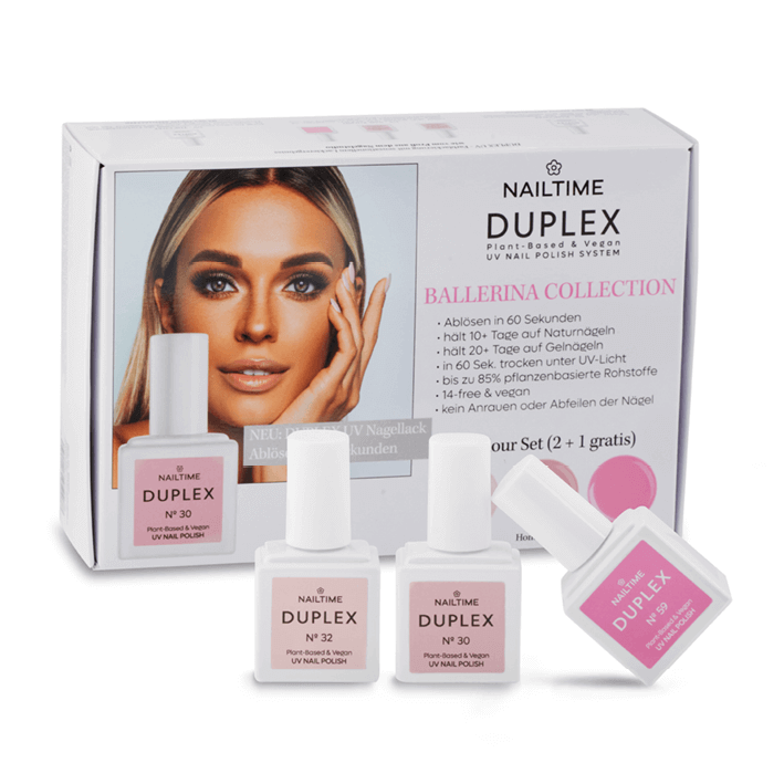 DUPLEX Ballerina Collection vegan UV bio nail polish set with three 8ml bottles and promotional packaging.